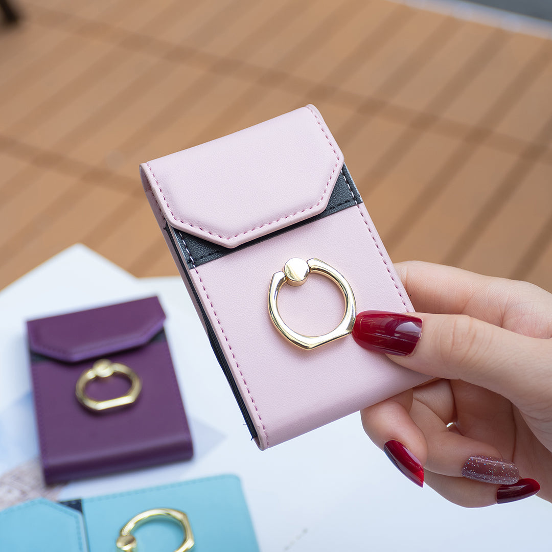 BFK04 Phone Card Holder Stick-on Card Sleeve Pocket Ring Kickstand Leather Pouch for Back of Phone - Pink