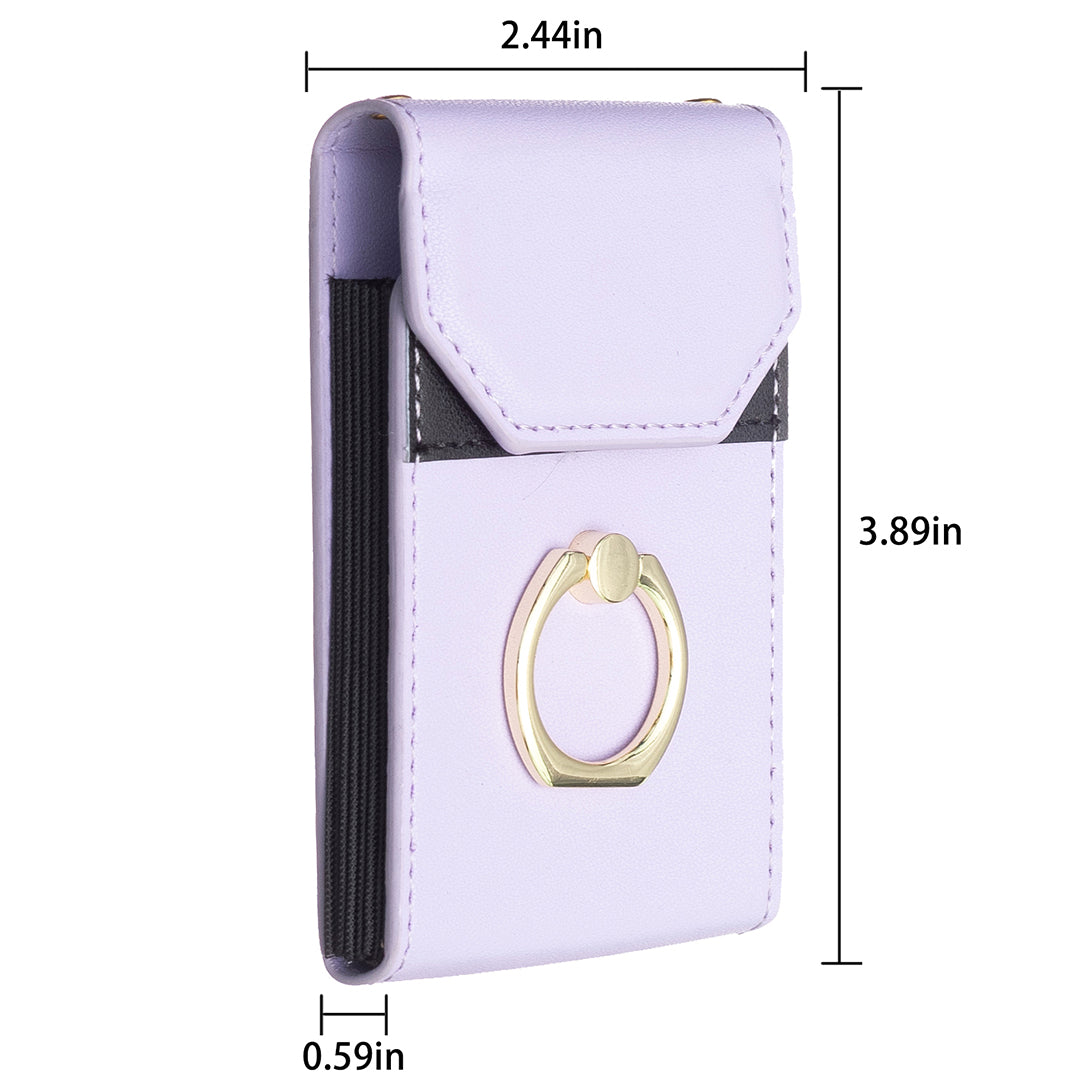 BFK04 Phone Card Holder Stick-on Card Sleeve Pocket Ring Kickstand Leather Pouch for Back of Phone - Purple