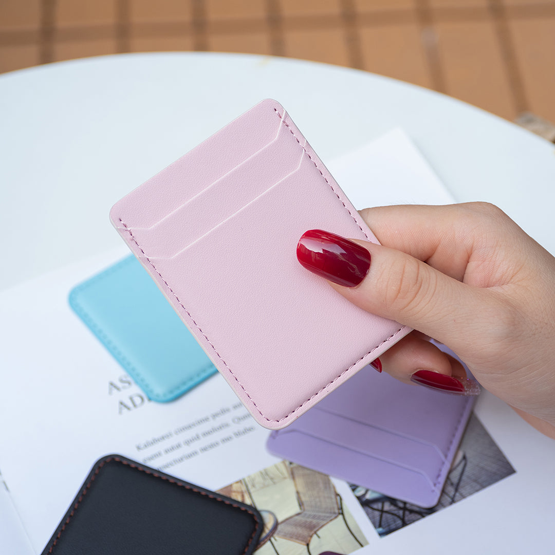 BFK12 Card Holder for Back of Phone Stick-on Credit Card Sleeve Pocket Litchi Leather Phone Pouch - Pink