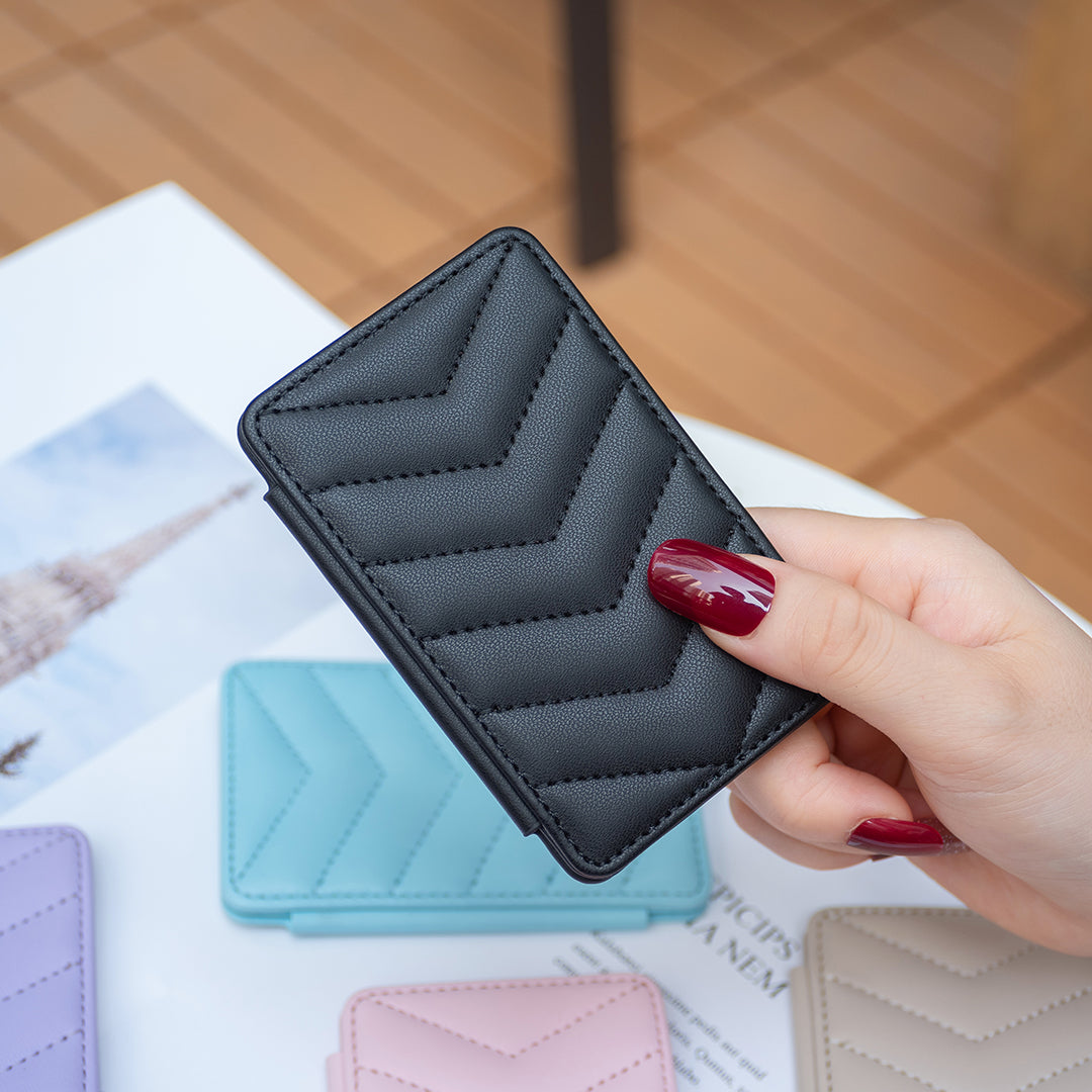 BFK02 Phone Card Holder Leather ID Case Sticker 3D Wave Pattern Pocket Pouch for Phone Case - Black