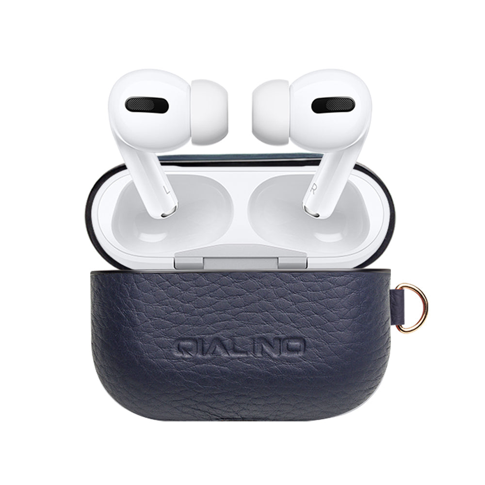 Uniqkart For Apple AirPods Pro Shockproof Style Earphone Charging Box Protective Cover Cowhide Leather Case - Blue