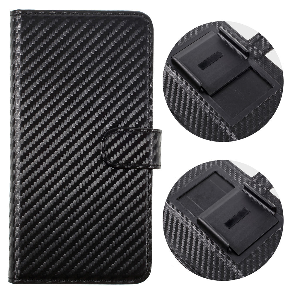 Carbon Fiber Universal Slide Up Leather Wallet Case for iPhone SE (2nd Generation) /8 /7 /6s /6, Width: 53- 70mm - Black