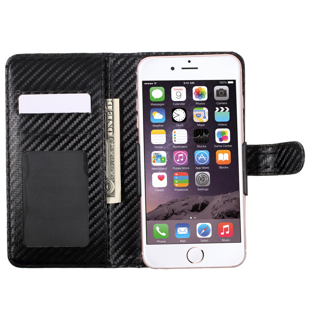 Carbon Fiber Universal Slide Up Leather Wallet Case for iPhone SE (2nd Generation) /8 /7 /6s /6, Width: 53- 70mm - Black