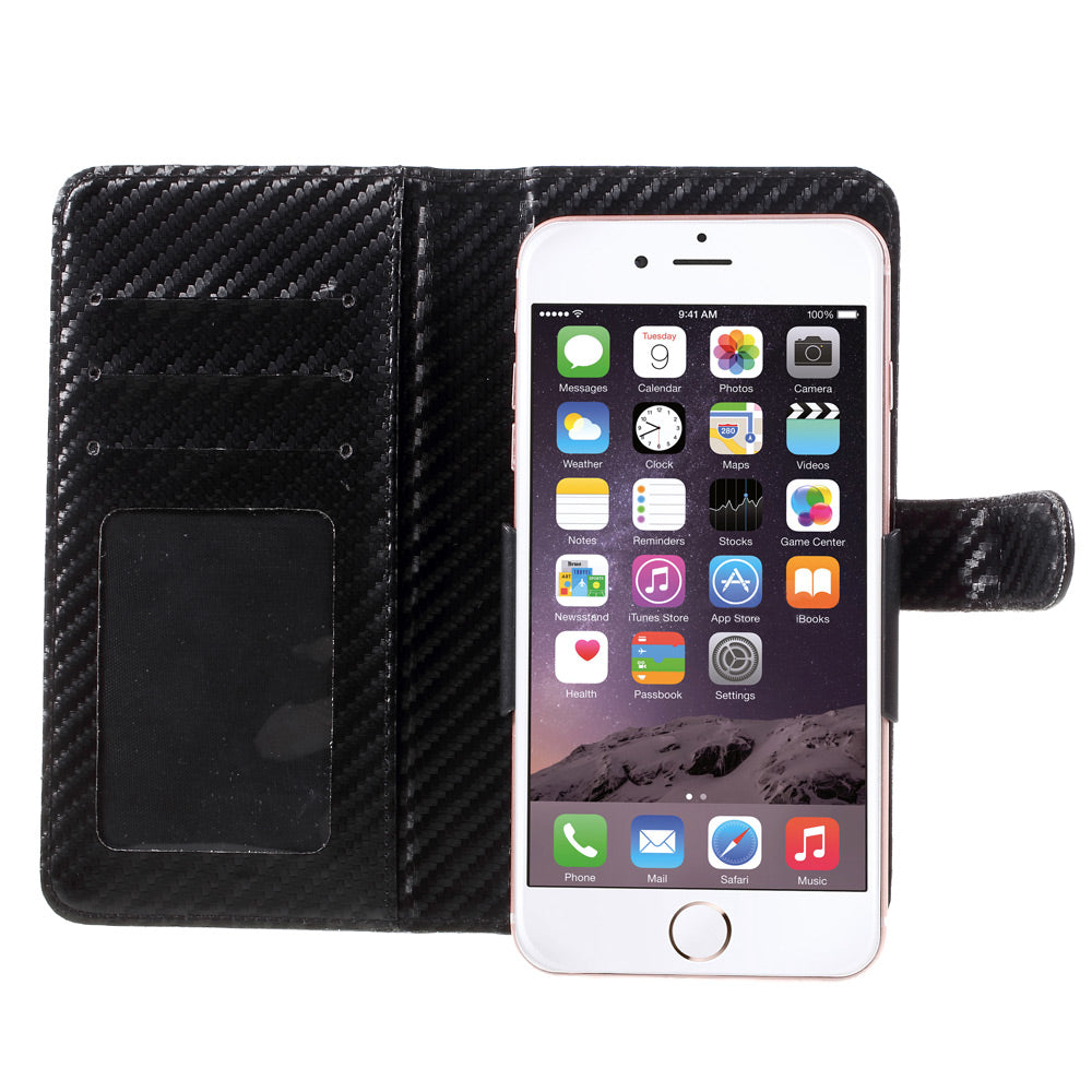 Carbon Fiber Universal Slide Up Leather Wallet Case for iPhone SE (2nd Generation) /8 /7 /6s /6, Width: 53- 70mm - Black