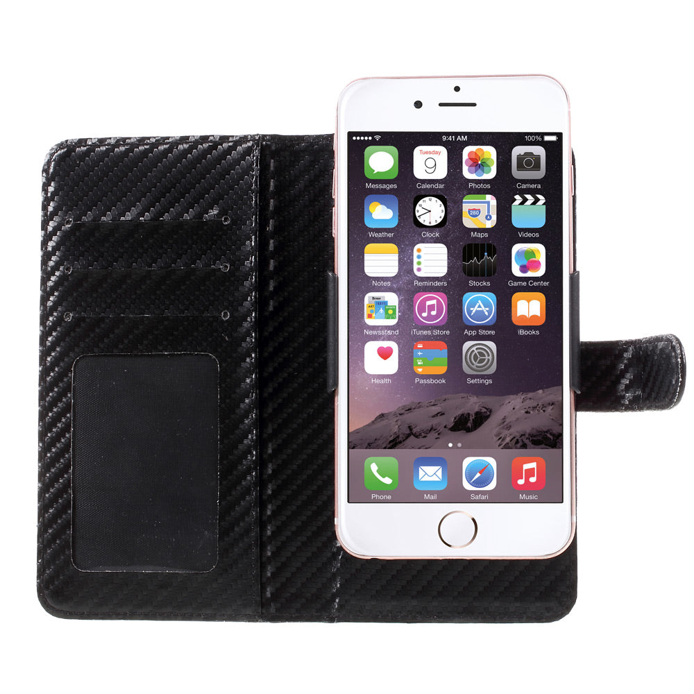 Carbon Fiber Universal Slide Up Leather Wallet Case for iPhone SE (2nd Generation) /8 /7 /6s /6, Width: 53- 70mm - Black