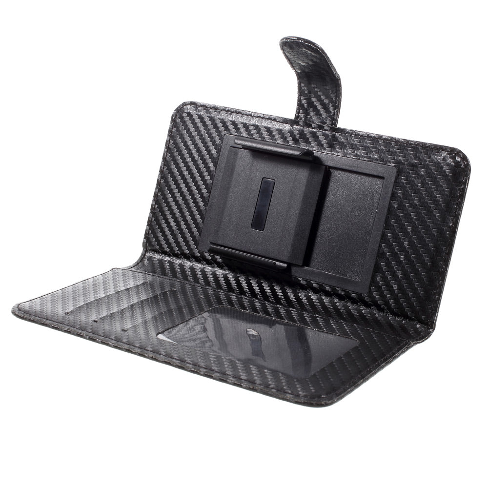 Carbon Fiber Universal Slide Up Leather Wallet Case for iPhone SE (2nd Generation) /8 /7 /6s /6, Width: 53- 70mm - Black