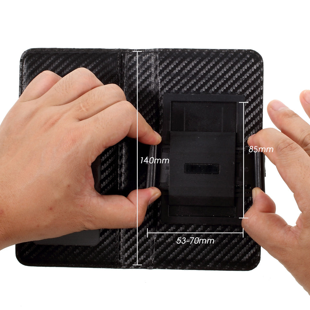 Carbon Fiber Universal Slide Up Leather Wallet Case for iPhone SE (2nd Generation) /8 /7 /6s /6, Width: 53- 70mm - Black