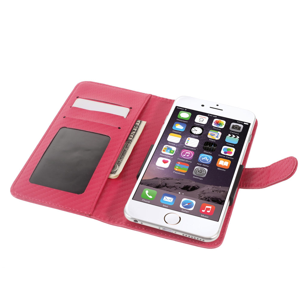 Carbon Fiber Universal Slide Up Leather Wallet Cover for iPhone SE (2nd Generation) /8 /7 /6s /6, Width: 53- 70mm - Red