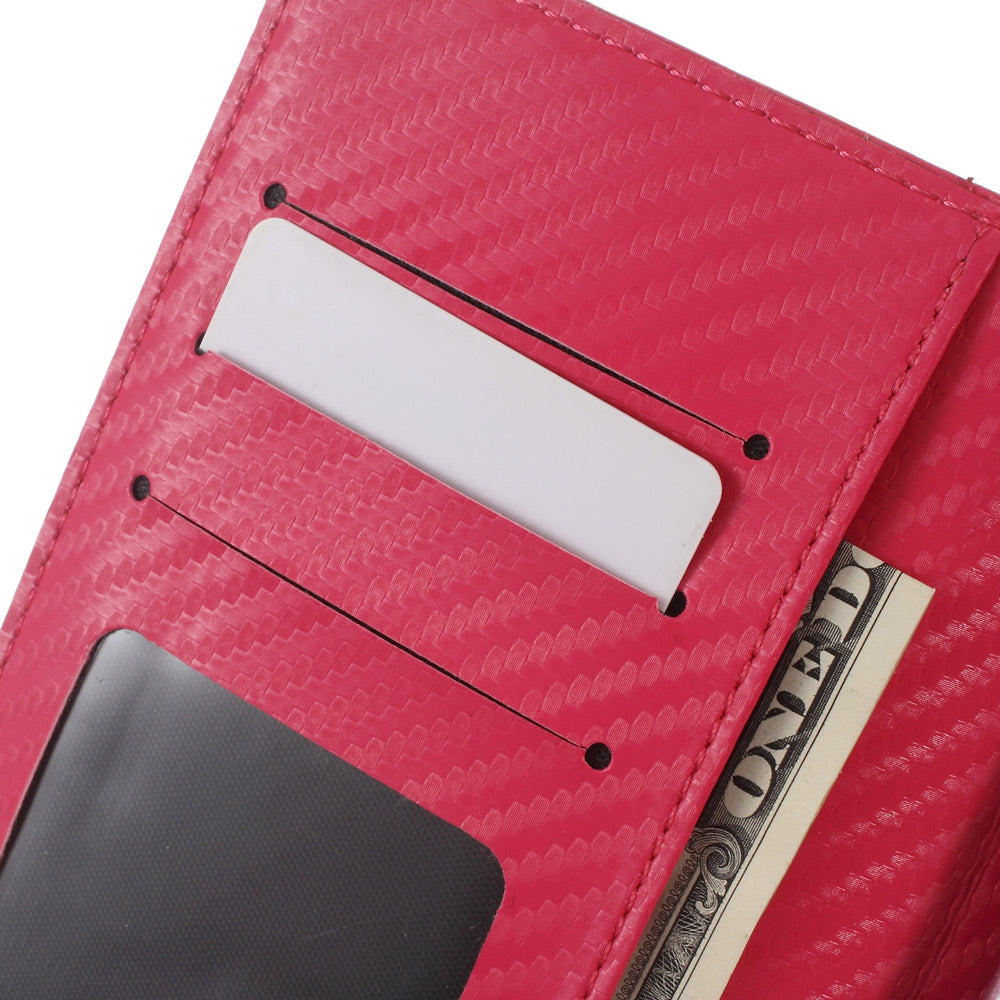 Carbon Fiber Universal Slide Up Leather Wallet Cover for iPhone SE (2nd Generation) /8 /7 /6s /6, Width: 53- 70mm - Red