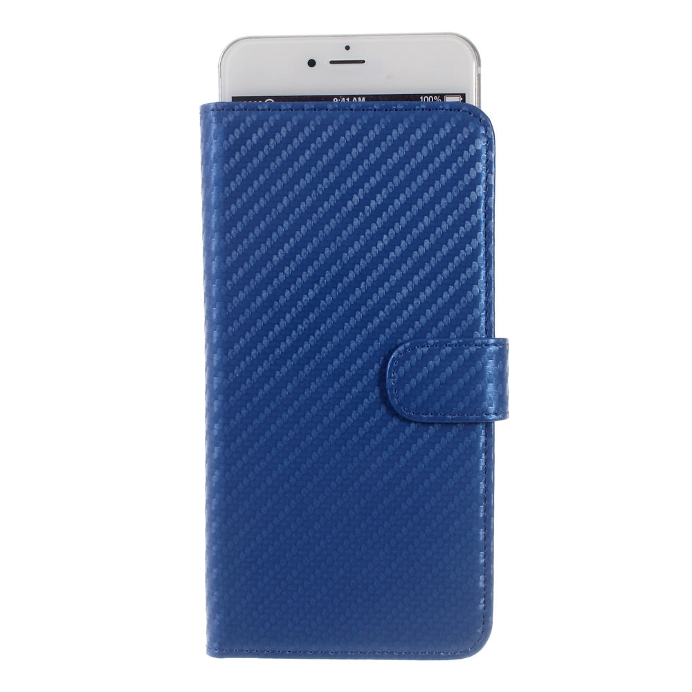 Carbon Fiber Universal Slide Up Leather Wallet Shell for iPhone SE (2nd Generation) /8 /7 /6s /6, Width: 53- 70mm - Blue
