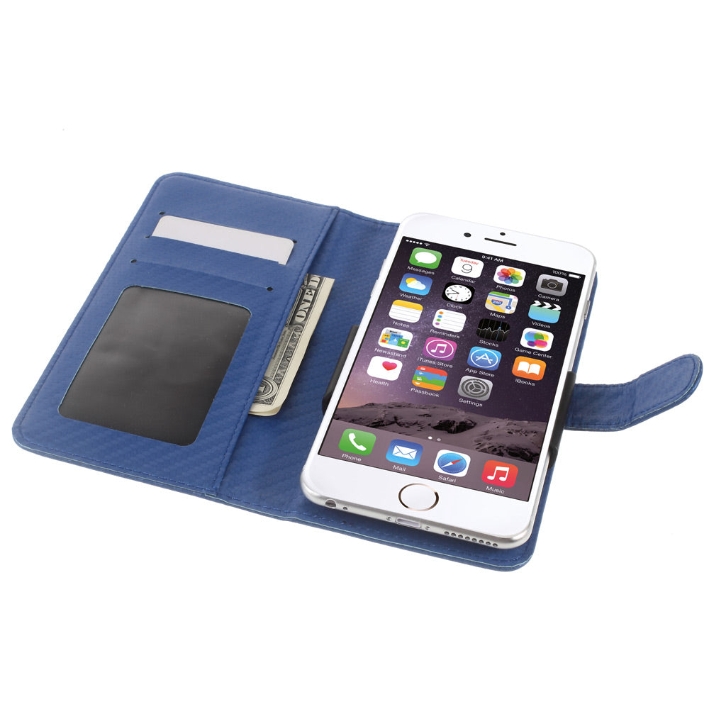 Carbon Fiber Universal Slide Up Leather Wallet Shell for iPhone SE (2nd Generation) /8 /7 /6s /6, Width: 53- 70mm - Blue