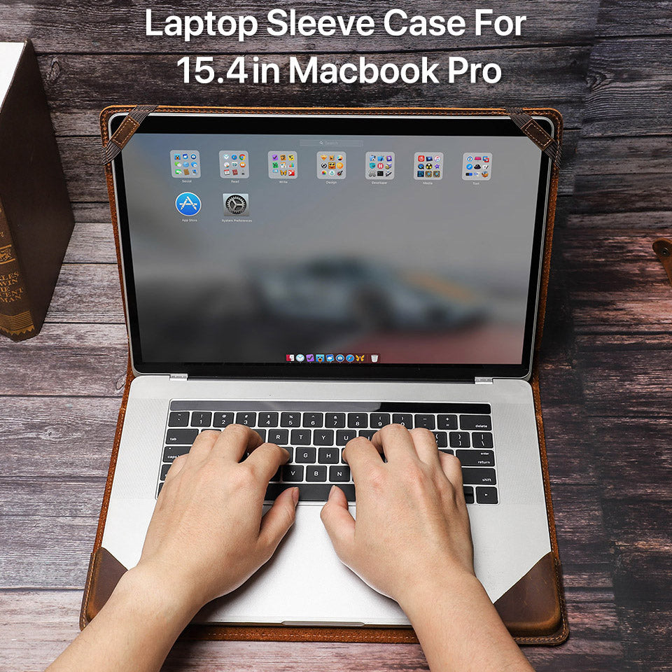 Crazy Horse Genuine Leather Folio Protective Cover for MacBook Pro 15.4-inch (2016-2018)