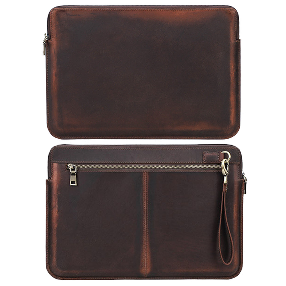 CONTACTS FAMILY Retro Crazy Horse Cowhide Genuine Leather Laptop Sleeve Case with Hand Strap for MacBook Pro/Air 13.3inch