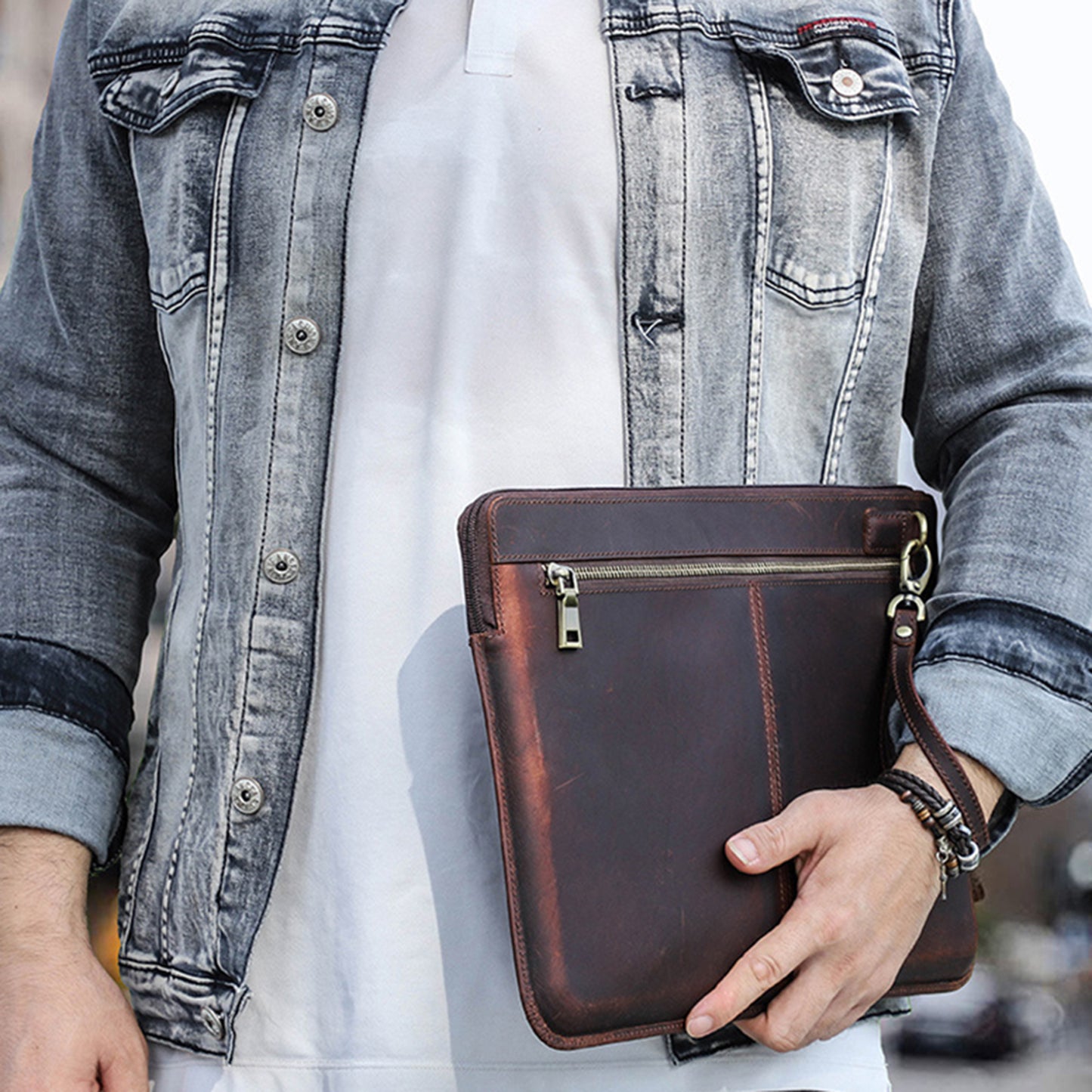 CONTACTS FAMILY Retro Crazy Horse Cowhide Genuine Leather Laptop Sleeve Case with Hand Strap for MacBook Pro/Air 13.3inch