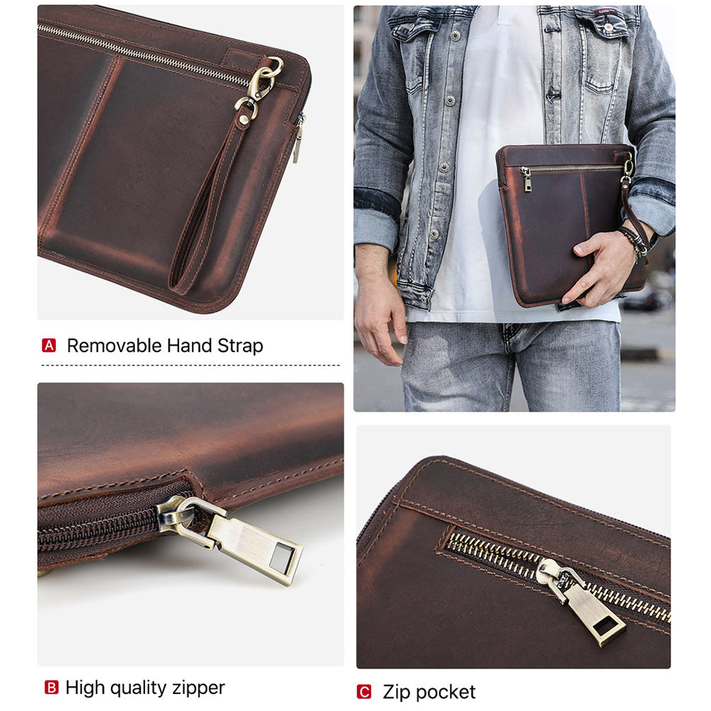 CONTACTS FAMILY Retro Crazy Horse Cowhide Genuine Leather Laptop Sleeve Case with Hand Strap for MacBook Pro/Air 13.3inch