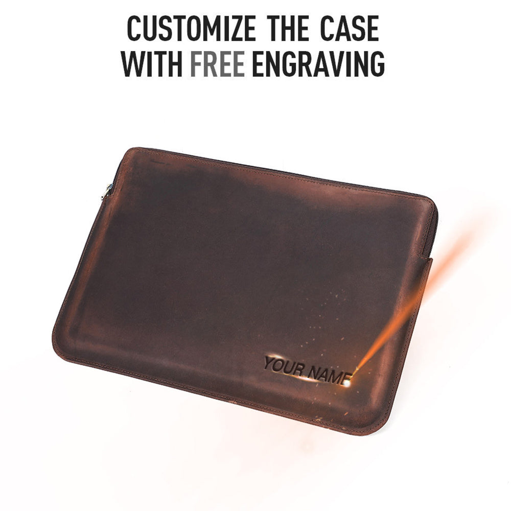 CONTACTS FAMILY Retro Crazy Horse Cowhide Genuine Leather Laptop Sleeve Case with Hand Strap for MacBook Pro/Air 13.3inch