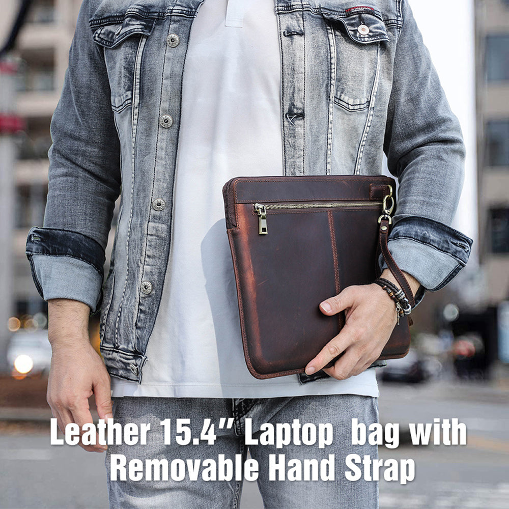 CONTACTS FAMILY Large Capacity Retro Crazy Horse Cowhide Genuine Leather Laptop Protective Bag with Hand Strap for MacBook Pro 15.4inch/16inch