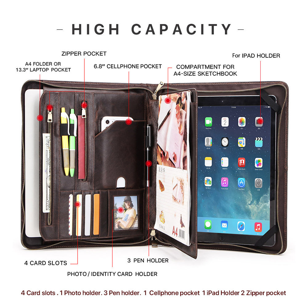 CONTACTS FAMILY Crazy Horse Genuine Leather Large Capacity Business Portfolio Laptop Bag for 13.3inch Notebook