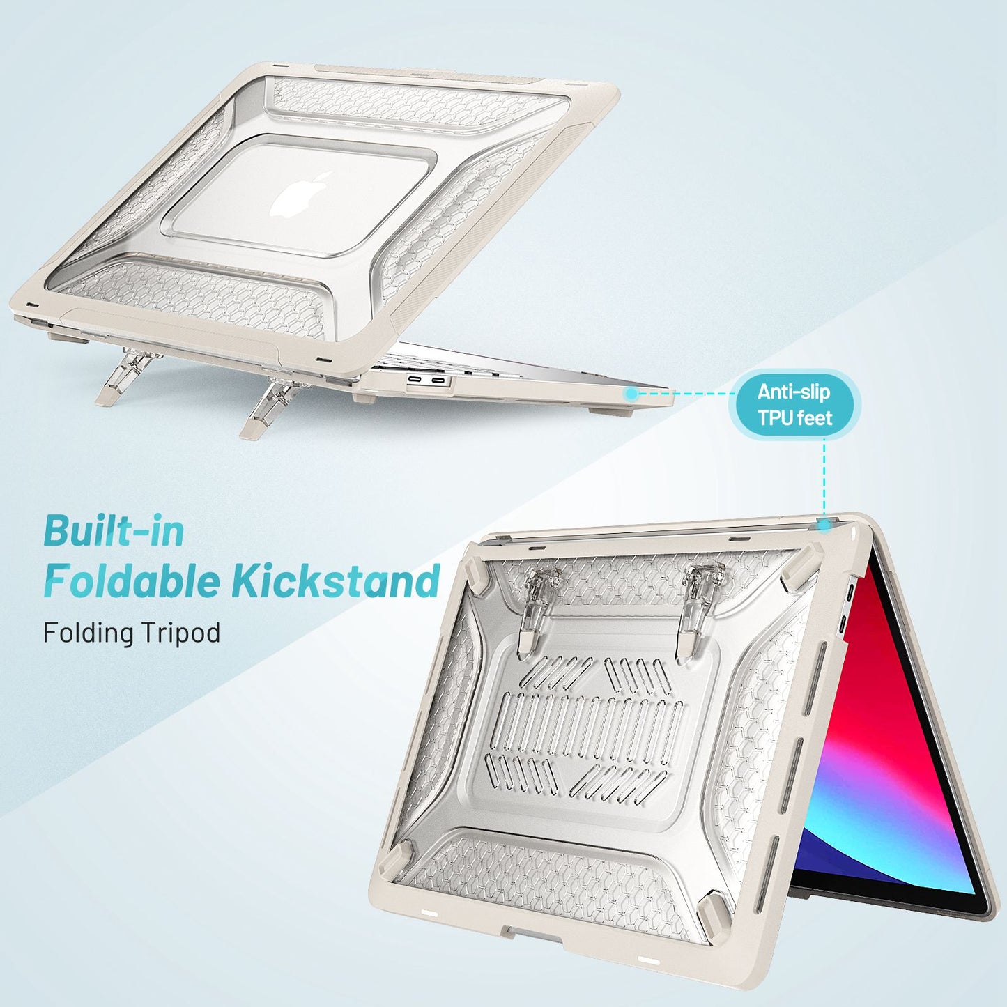 for MacBook Pro 13 inch (2020) PC + TPU Laptop Case Anti-scratch Full-Protection Notebook Cover with Supporting Feet - Apricot