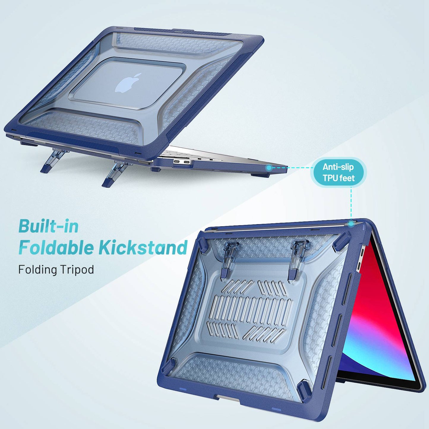 For MacBook Pro 13 inch (2020) PC + TPU Laptop Case Anti-scratch Full-Protection Notebook Cover with Supporting Feet - Sapphire