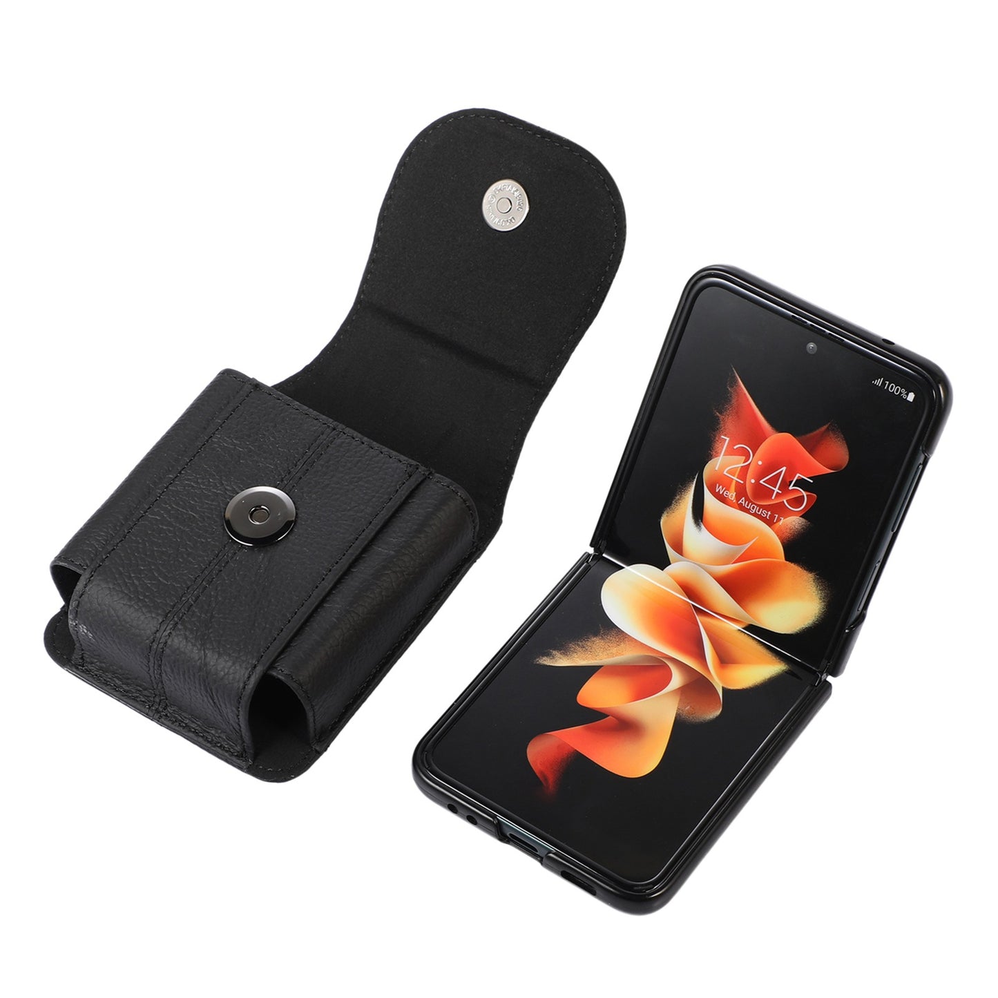 Uniqkart for Galaxy Z Flip3 5G/Huawei P50 Pocket/Motorola Razr 5G Cell Phone Belt Holster Phone Case Cowhide Leather Waist Pouch with Hook - Black