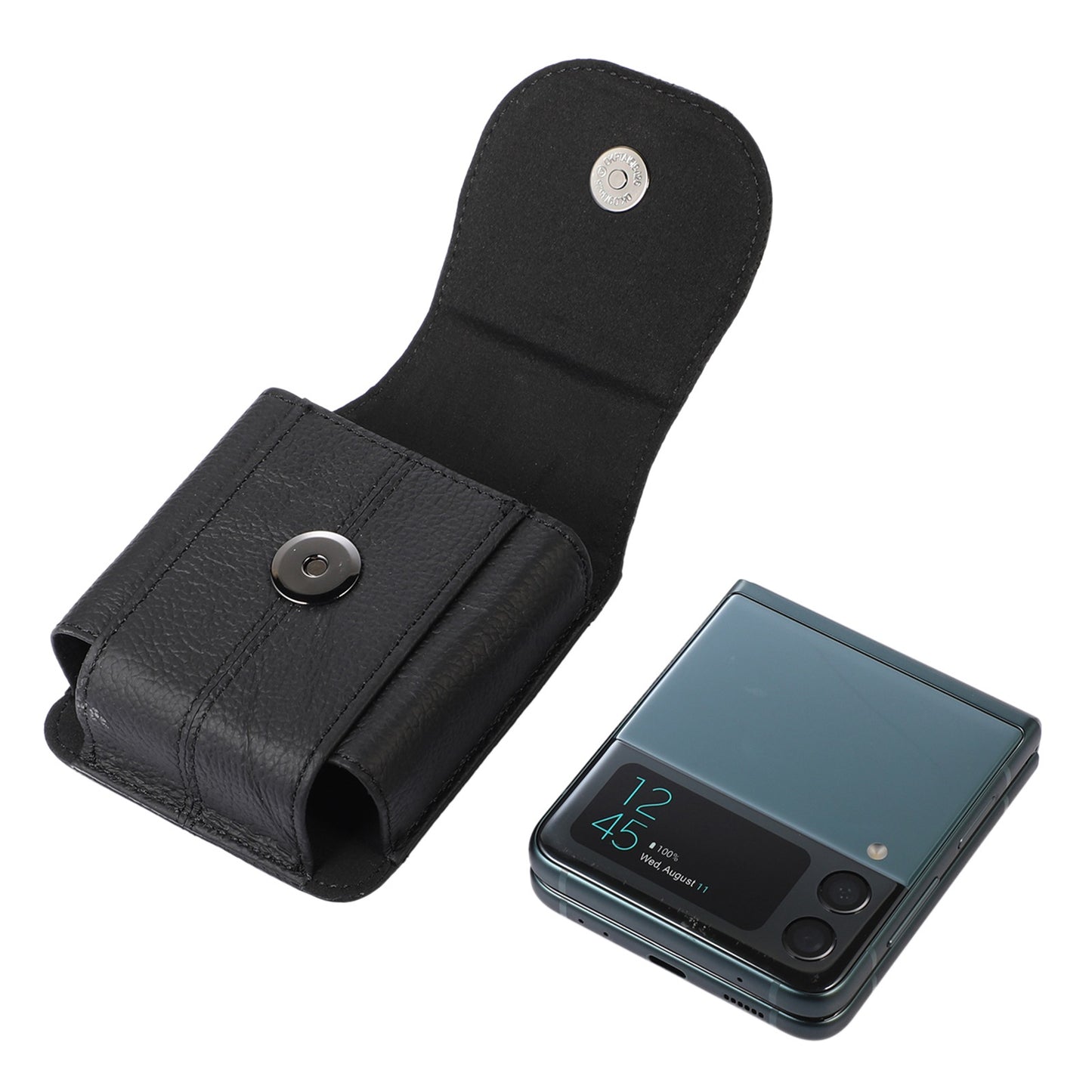 Uniqkart for Galaxy Z Flip3 5G/Huawei P50 Pocket/Motorola Razr 5G Cell Phone Belt Holster Phone Case Cowhide Leather Waist Pouch with Hook - Black