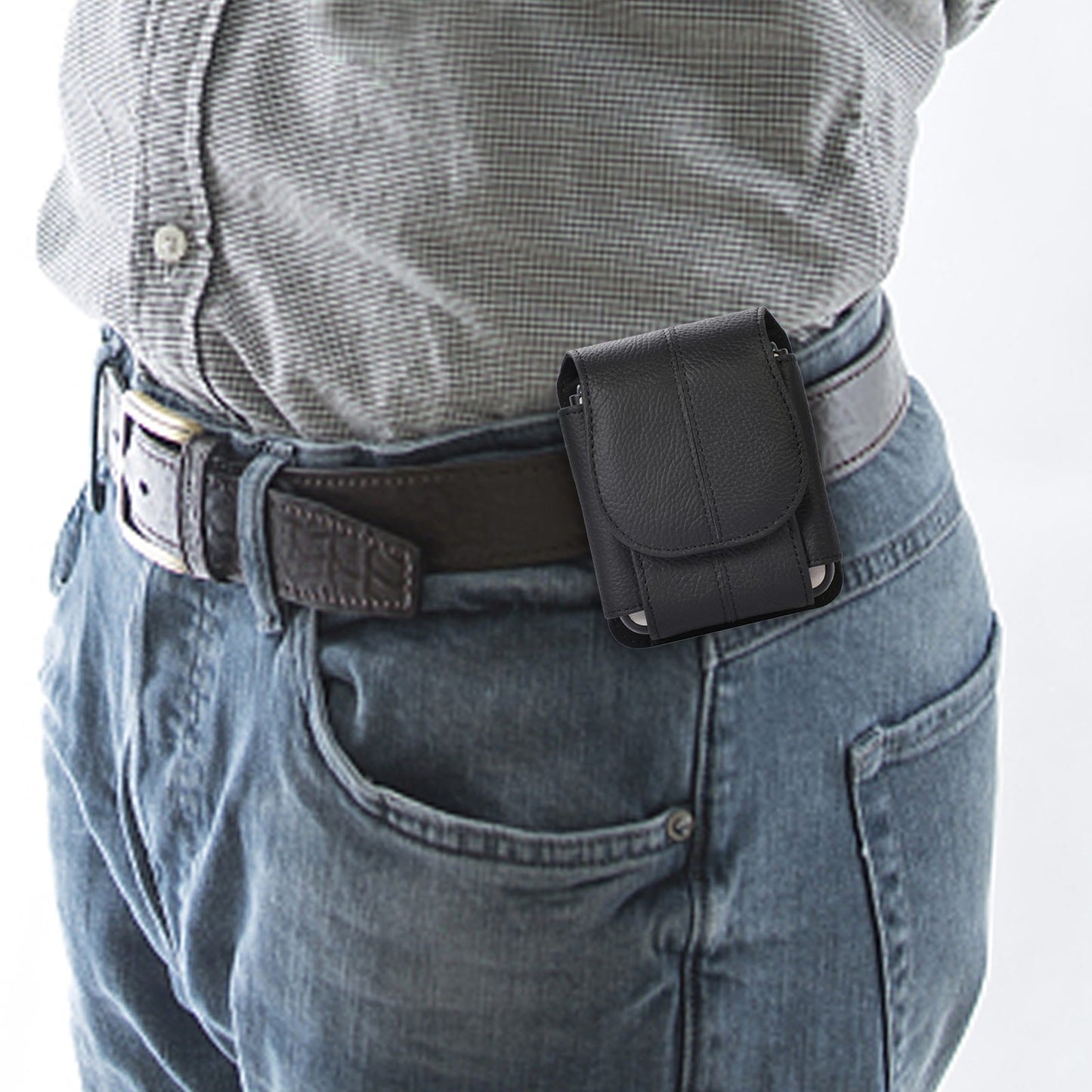 Uniqkart for Galaxy Z Flip3 5G/Huawei P50 Pocket/Motorola Razr 5G Cell Phone Belt Holster Phone Case Cowhide Leather Waist Pouch with Hook - Black