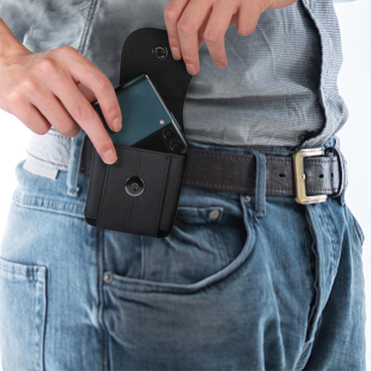 Uniqkart for Galaxy Z Flip3 5G/Huawei P50 Pocket/Motorola Razr 5G Cell Phone Belt Holster Phone Case Cowhide Leather Waist Pouch with Hook - Black