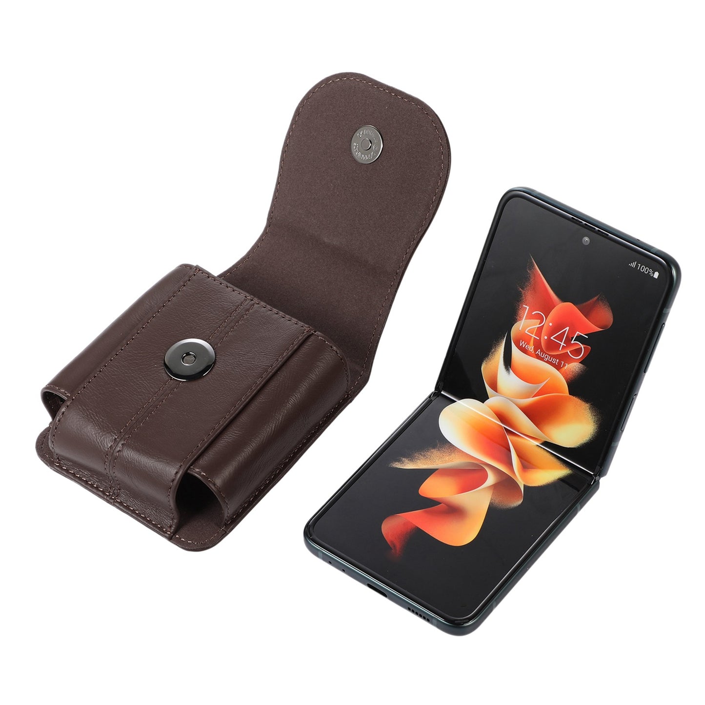 Uniqkart for Galaxy Z Flip3 5G/Huawei P50 Pocket/Motorola Razr 5G Cell Phone Belt Holster Phone Case Cowhide Leather Waist Pouch with Hook - Dark Brown