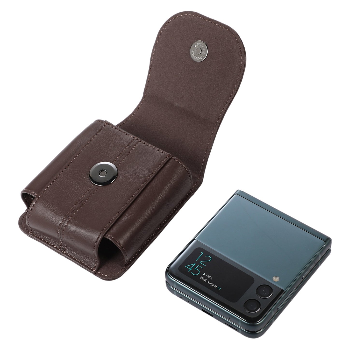 Uniqkart for Galaxy Z Flip3 5G/Huawei P50 Pocket/Motorola Razr 5G Cell Phone Belt Holster Phone Case Cowhide Leather Waist Pouch with Hook - Dark Brown