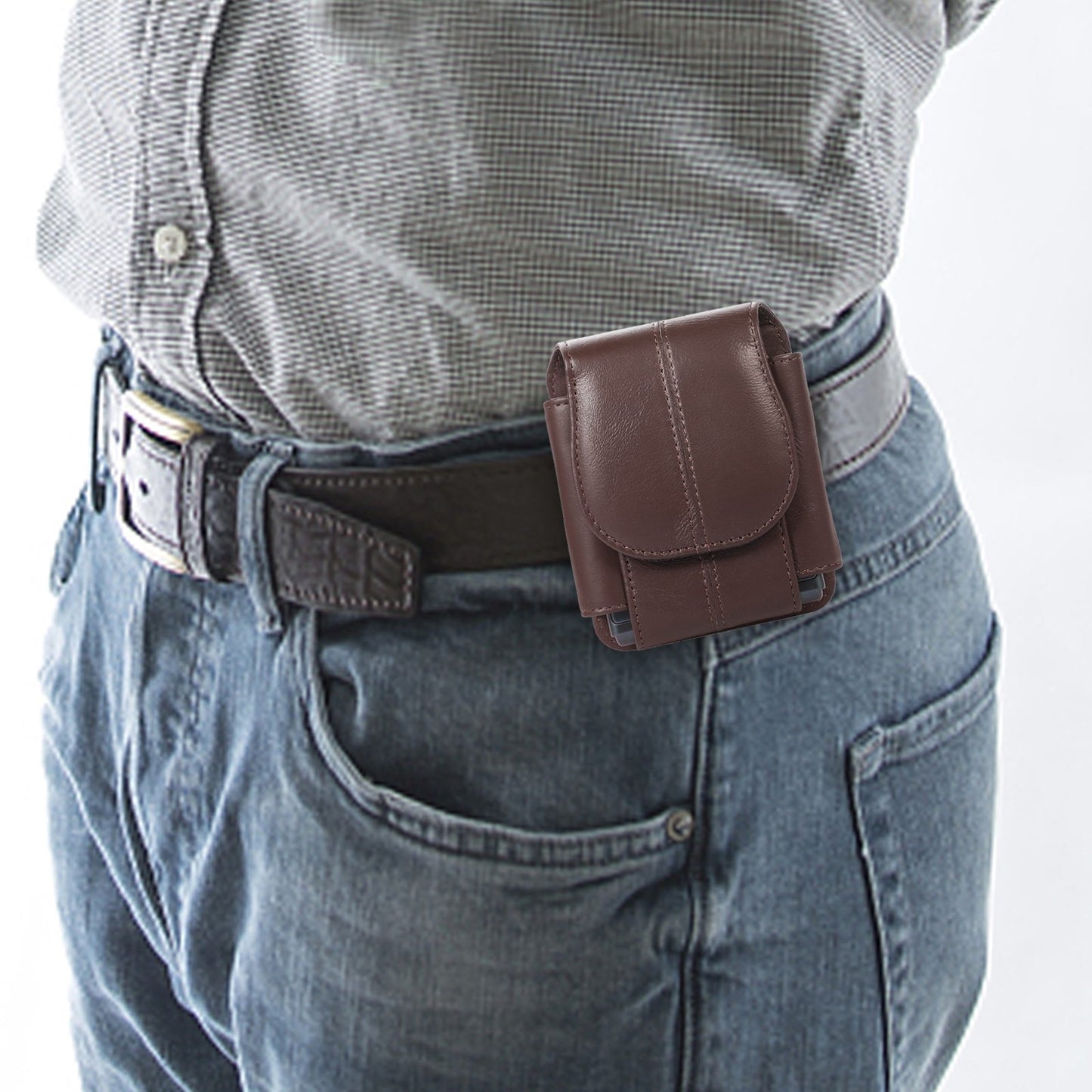 Uniqkart for Galaxy Z Flip3 5G/Huawei P50 Pocket/Motorola Razr 5G Cell Phone Belt Holster Phone Case Cowhide Leather Waist Pouch with Hook - Dark Brown