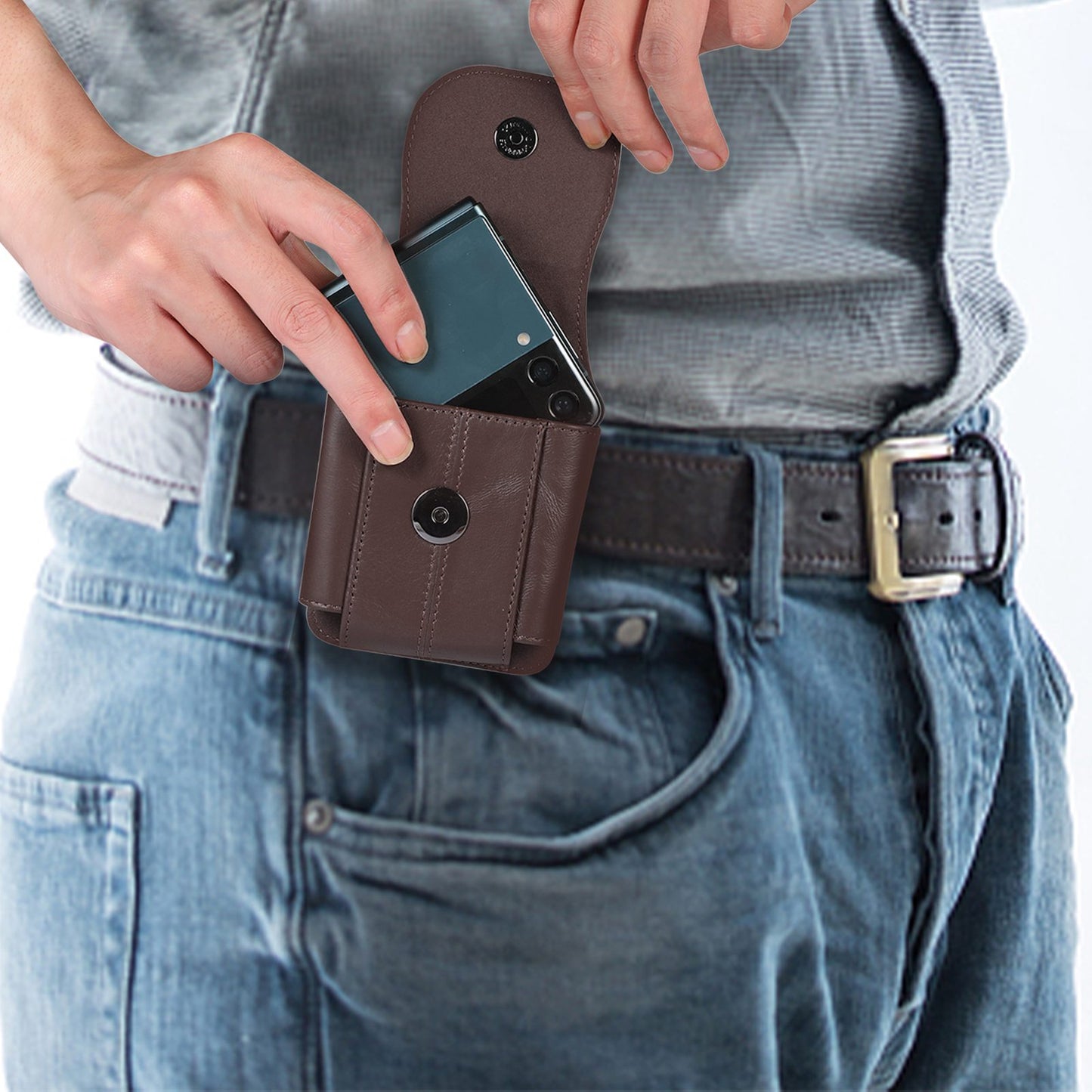 Uniqkart for Galaxy Z Flip3 5G/Huawei P50 Pocket/Motorola Razr 5G Cell Phone Belt Holster Phone Case Cowhide Leather Waist Pouch with Hook - Dark Brown