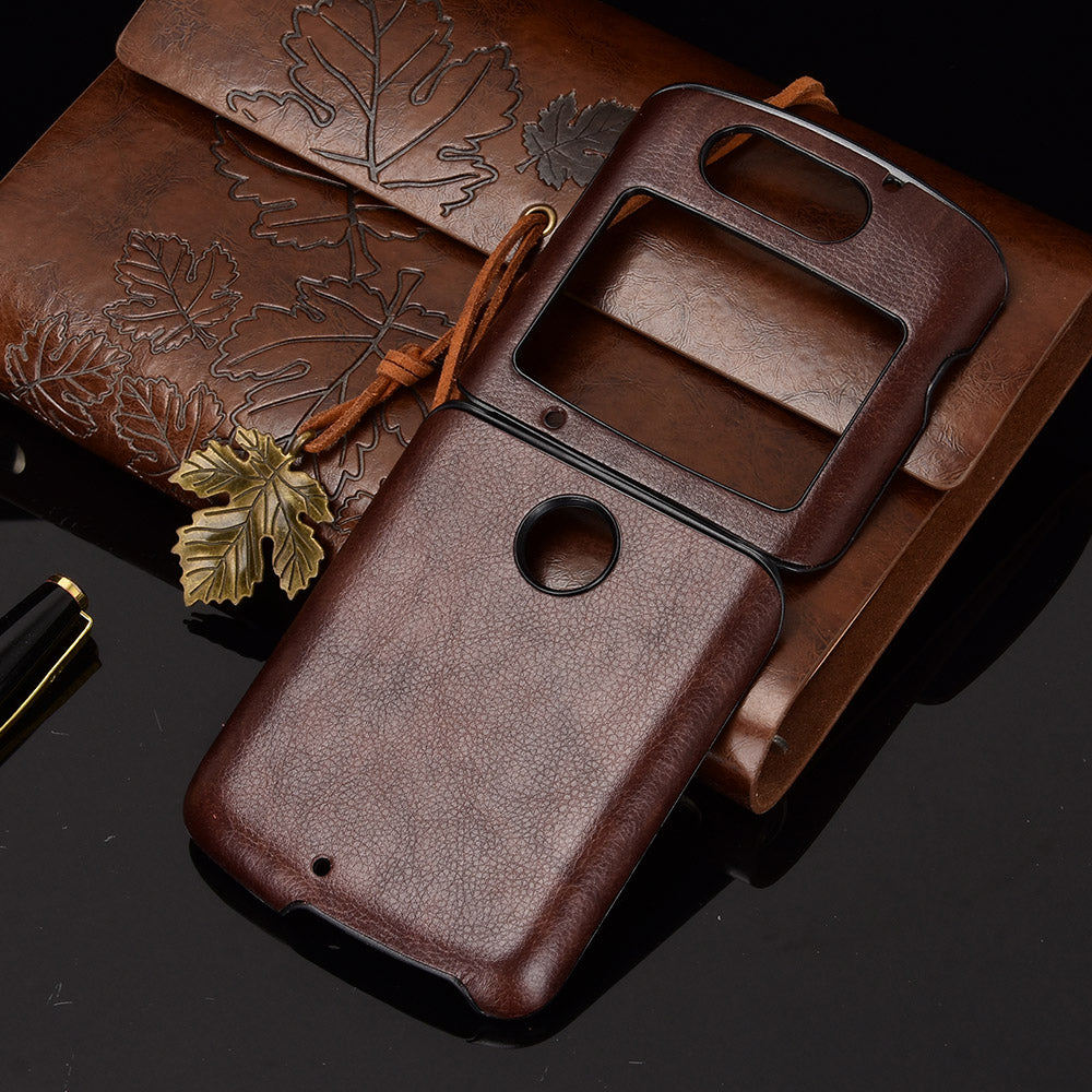 Litchi Texture Protector PU Leather Coated Plastic Cover for Motorola Razr 5G/Razr (2020) - Brown