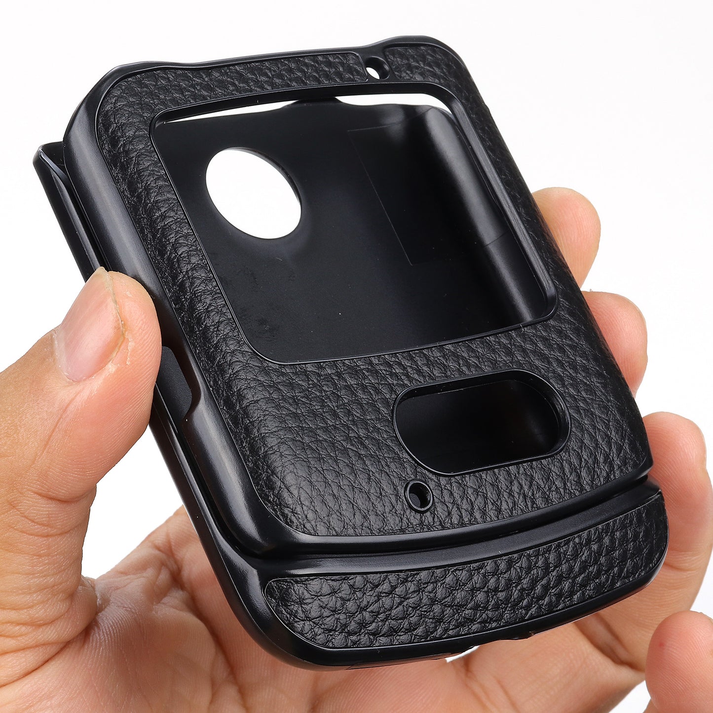 Litchi Skin Genuine Leather Coated PC Hybrid Shell for Motorola Razr 5G - Black