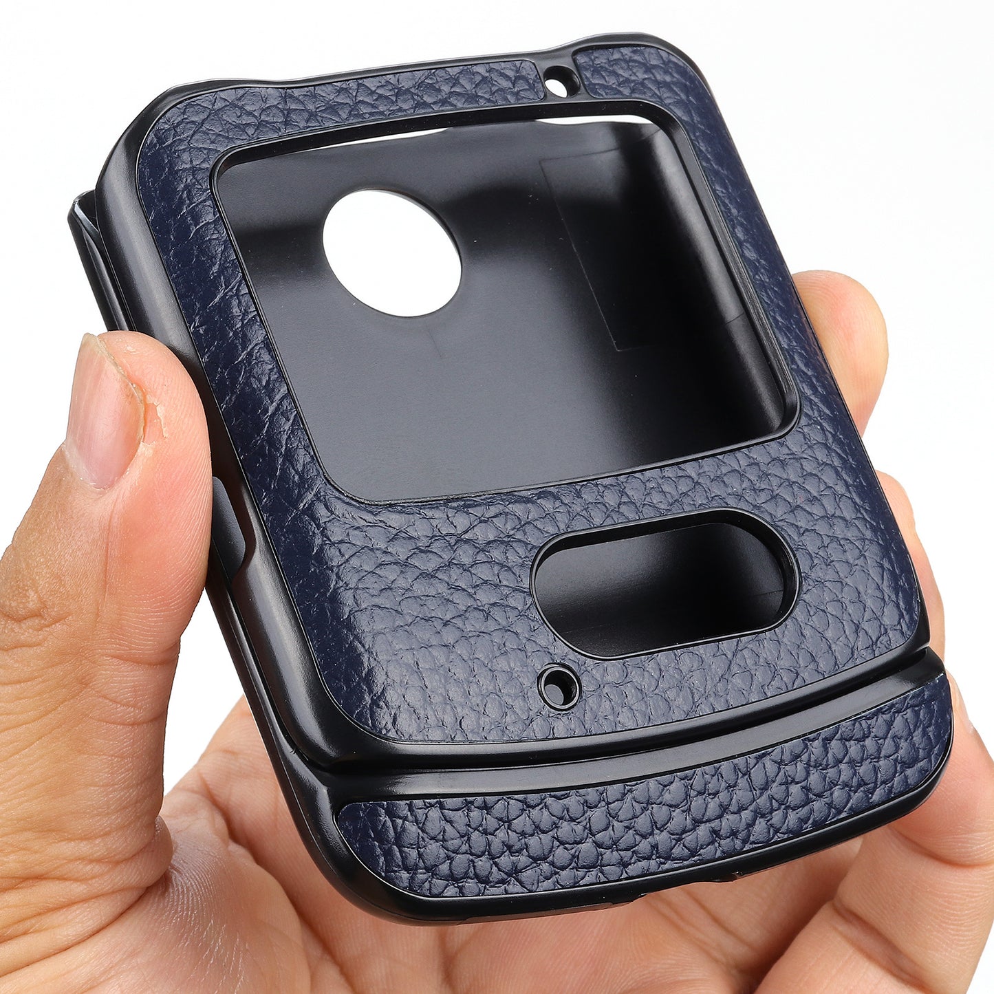 Litchi Skin Genuine Leather Coated PC Hybrid Shell for Motorola Razr 5G - Blue