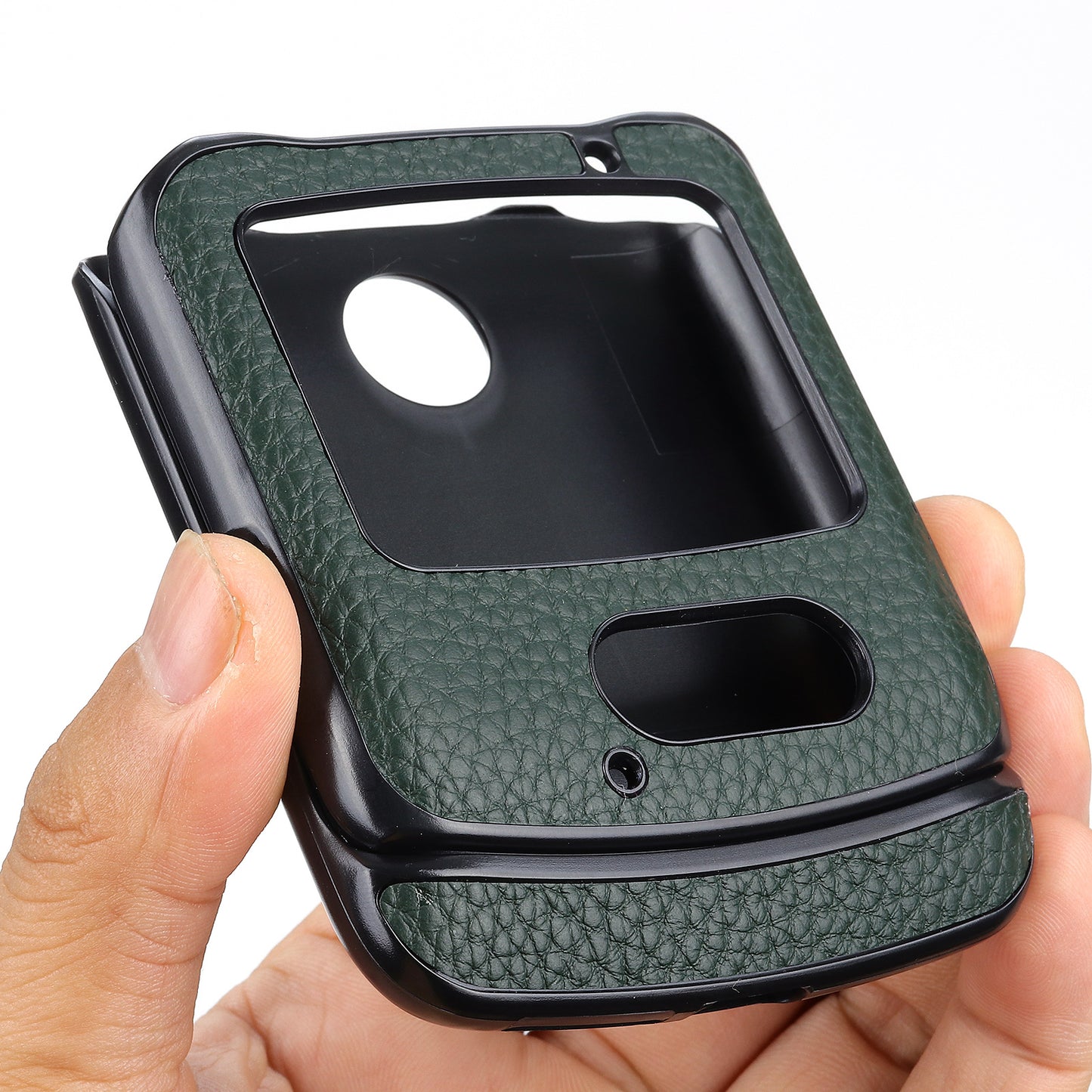 Litchi Skin Genuine Leather Coated PC Hybrid Shell for Motorola Razr 5G - Green