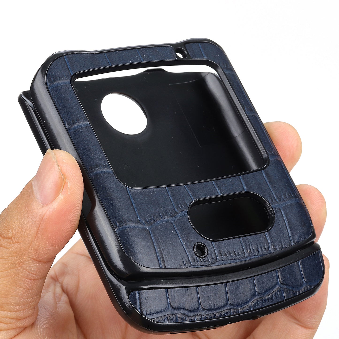 Crocodile Texture Genuine Leather Coated Plastic Phone Case for Motorola Razr 5G - Blue
