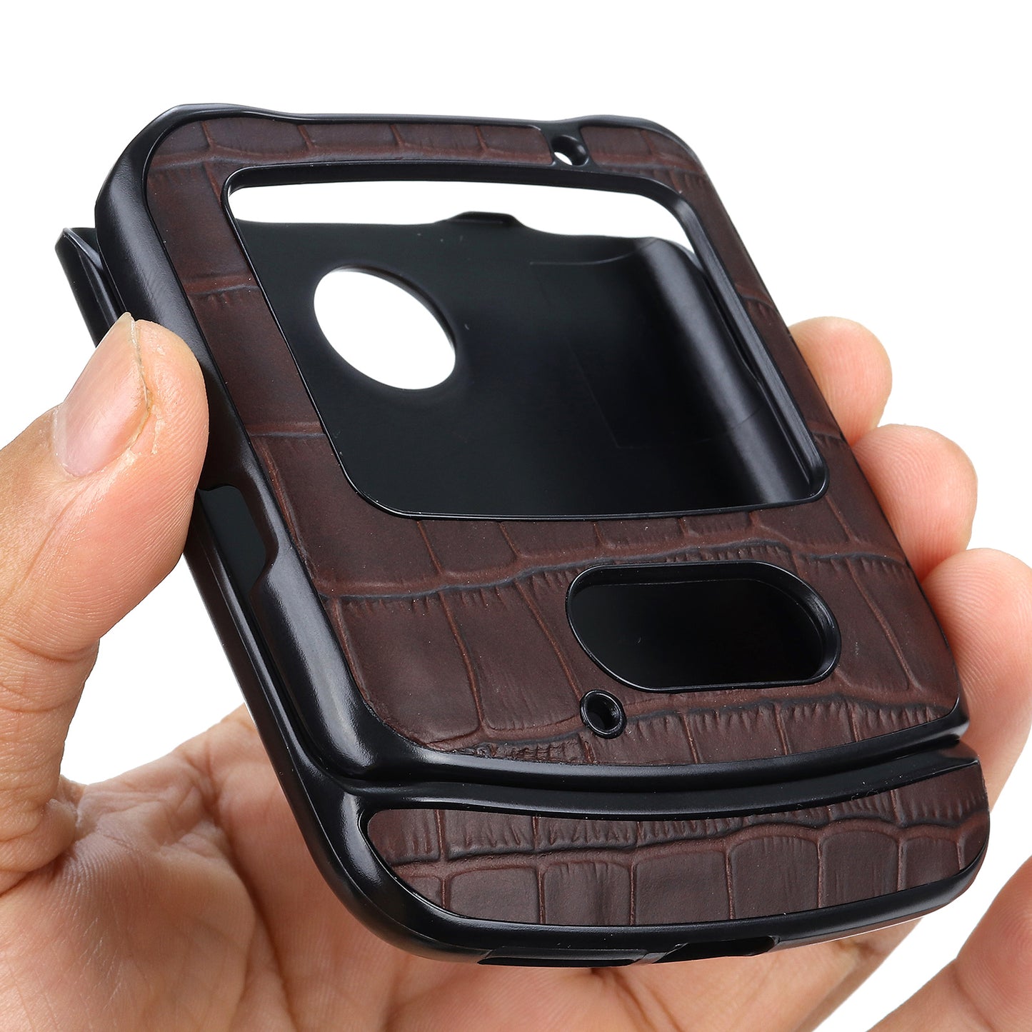 Crocodile Texture Genuine Leather Coated Plastic Phone Case for Motorola Razr 5G - Brown