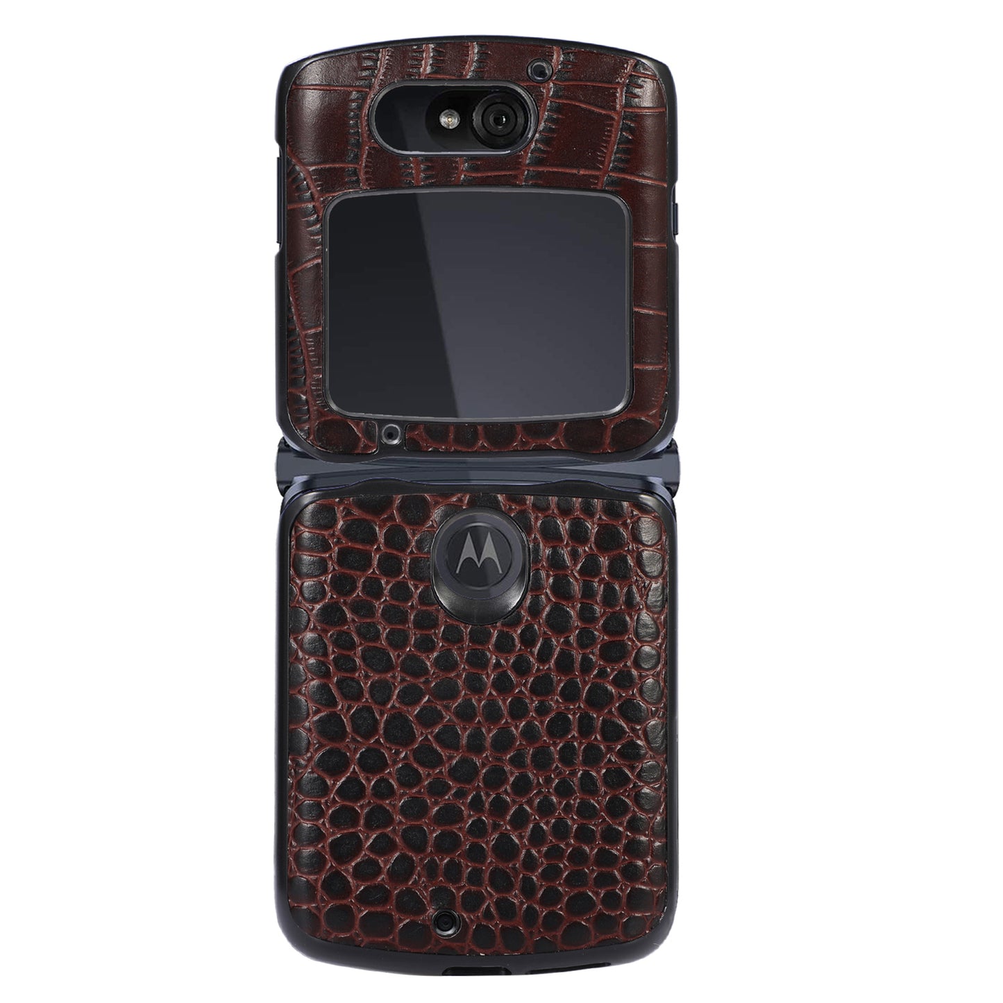Uniqkart for Motorola Razr 5G Crocodile Texture Genuine Cowhide Leather Coating Phone Case Inner PC + TPU Hybrid Cover - Coffee