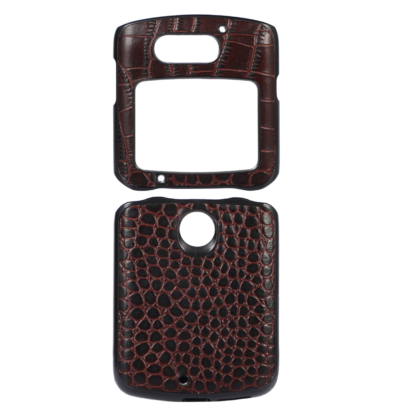 Uniqkart for Motorola Razr 5G Crocodile Texture Genuine Cowhide Leather Coating Phone Case Inner PC + TPU Hybrid Cover - Coffee