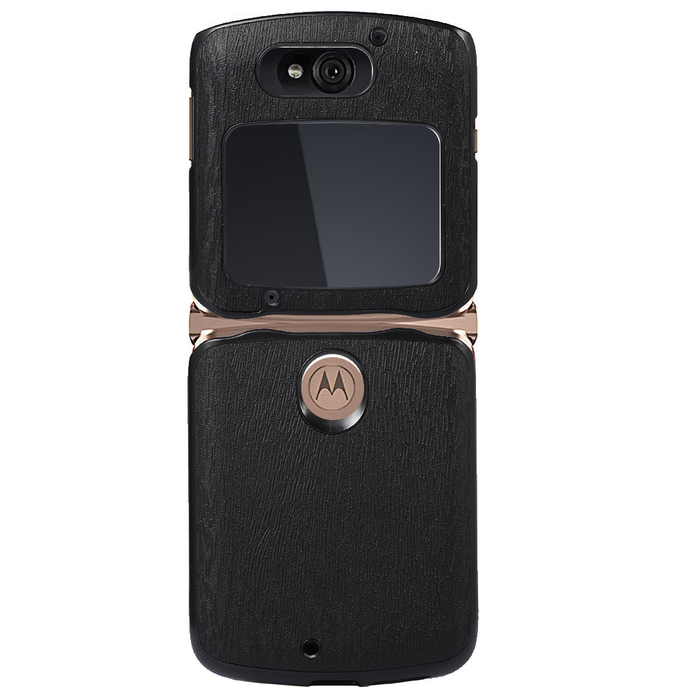 Uniqkart for Motorola Razr 5G Wood Texture Folding Case Shockproof Anti-fall PU Leather Coated PC + TPU Protctive Shell - Black
