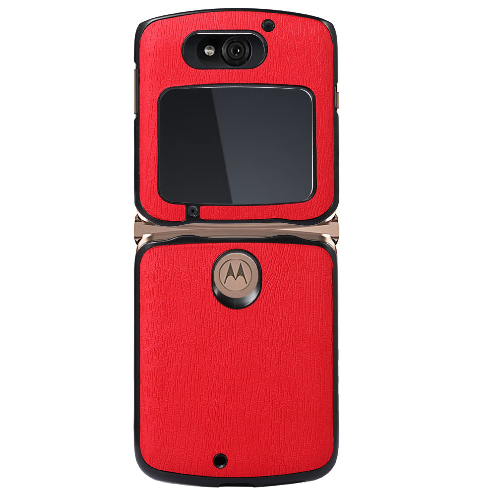 Uniqkart for Motorola Razr 5G Wood Texture Folding Case Shockproof Anti-fall PU Leather Coated PC + TPU Protctive Shell - Red