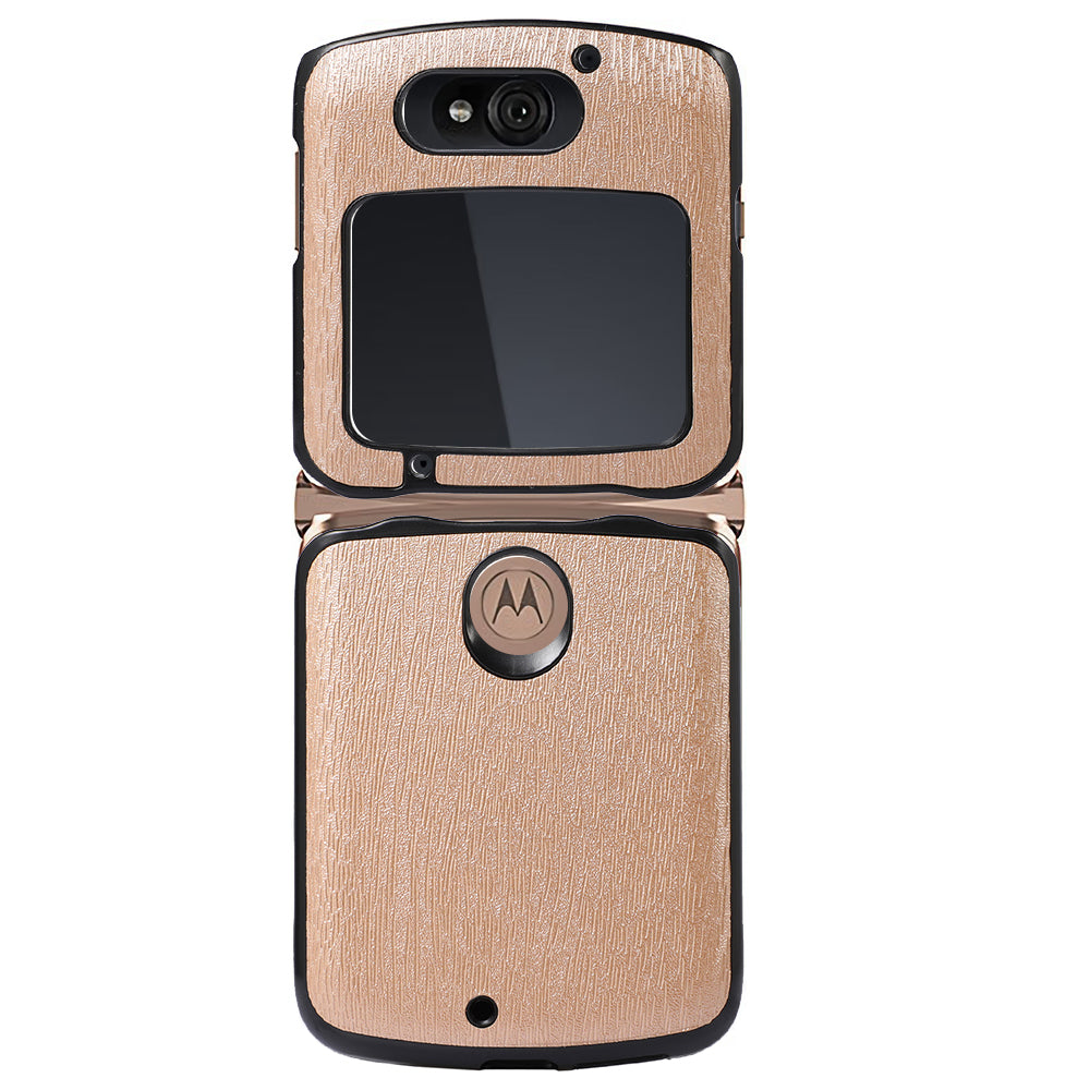 Uniqkart for Motorola Razr 5G Wood Texture Folding Case Shockproof Anti-fall PU Leather Coated PC + TPU Protctive Shell - Gold