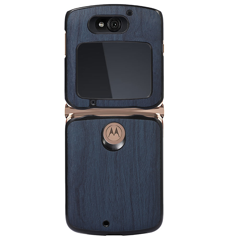 Uniqkart for Motorola Razr 5G Wood Texture Folding Case Shockproof Anti-fall PU Leather Coated PC + TPU Protctive Shell - Blue