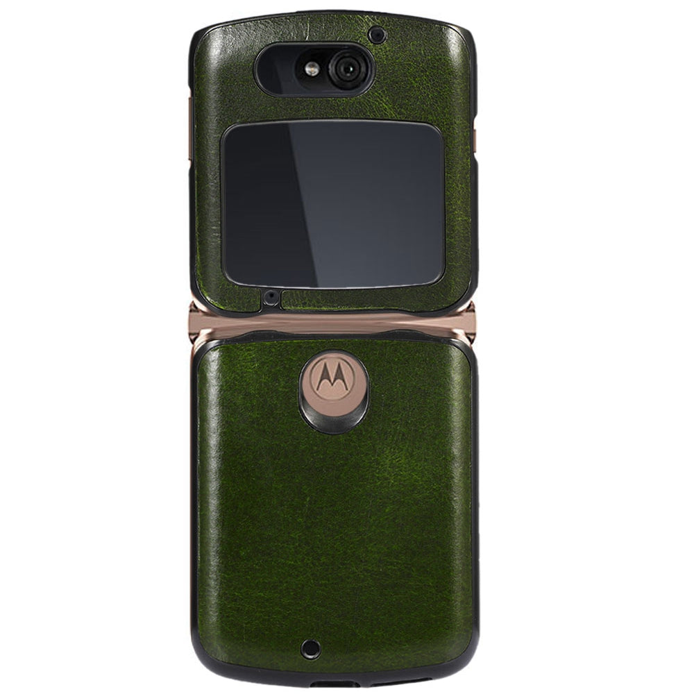 Uniqkart for Motorola Razr 5G 2 Piece Design Phone Case Crazy Horse Texture Genuine Cowhide Leather Coated PC + TPU Cover - Green