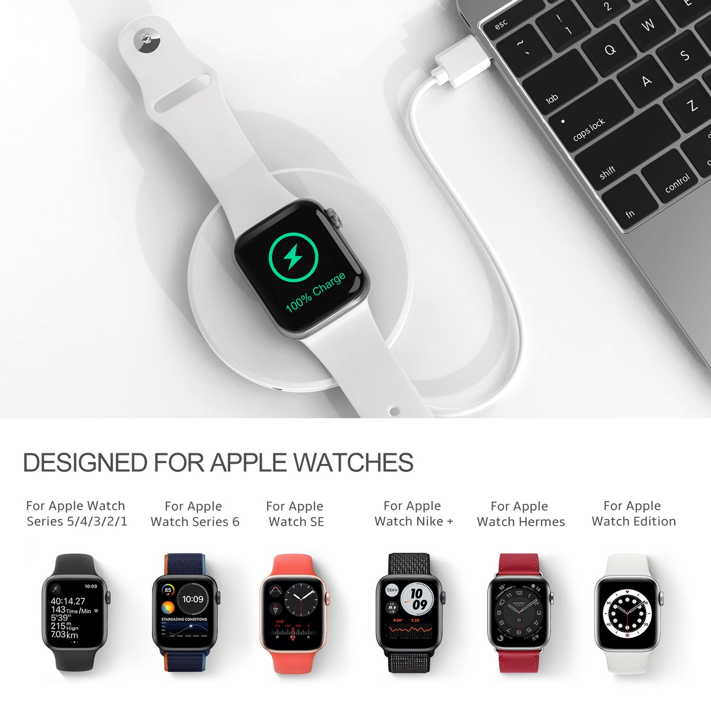 Type-C Smart Watch Charging Stand Holder Desktop Cable Winder Charger Cradle for Apple Watch Series - White