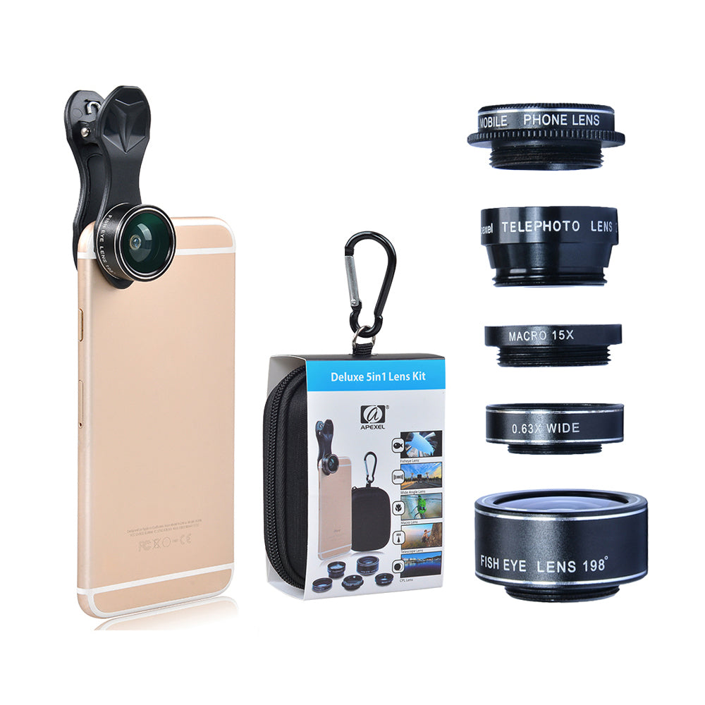 Apexel APL-DG5-H 5-in-1 Fisheye Wide Angle Macro Telephoto CPL Lens Mobile Phone Mini Camera Lens