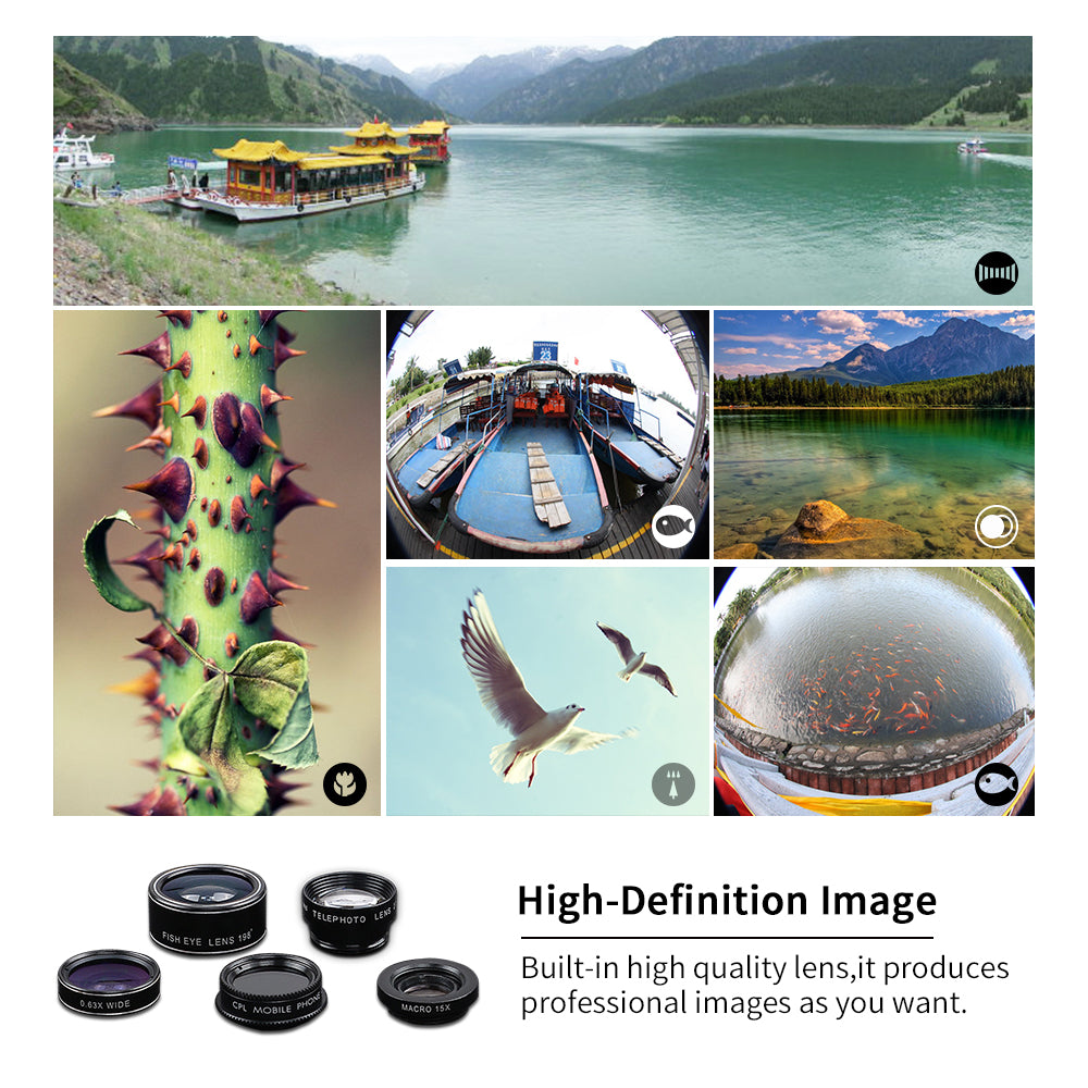 Apexel APL-DG5-H 5-in-1 Fisheye Wide Angle Macro Telephoto CPL Lens Mobile Phone Mini Camera Lens
