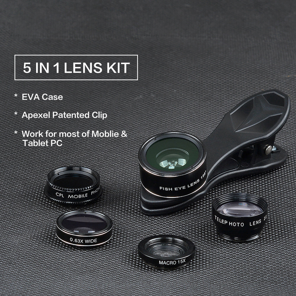 Apexel APL-DG5-H 5-in-1 Fisheye Wide Angle Macro Telephoto CPL Lens Mobile Phone Mini Camera Lens