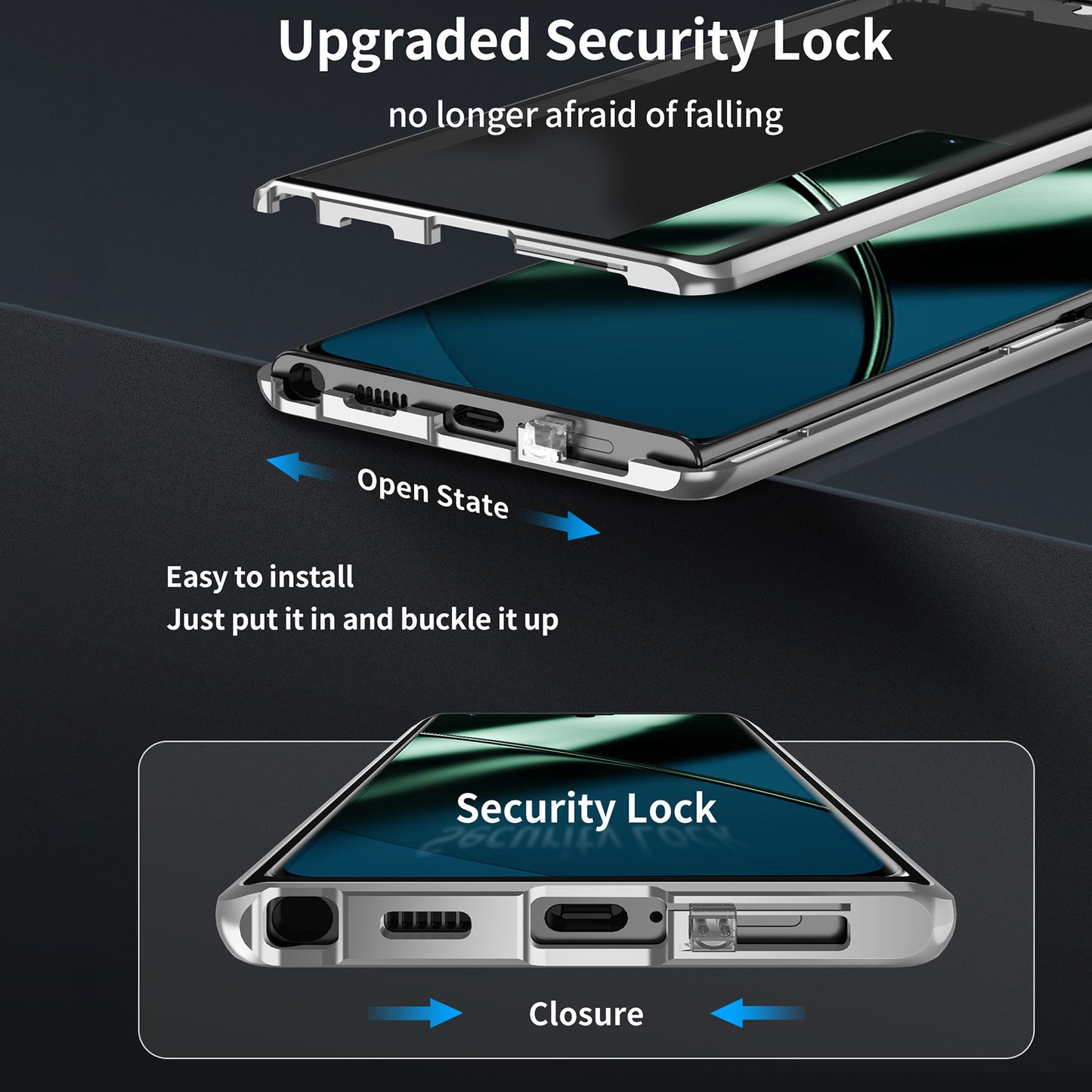 Metal Frame Case for OnePlus 11 5G PC+Tempered Glass Phone Case Full Protection with Lock - Silver